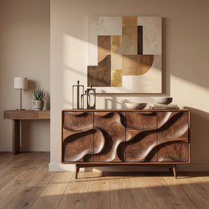 Organic Carved Solid Wood Sideboard Cabinet for Living and Dining Room Storage