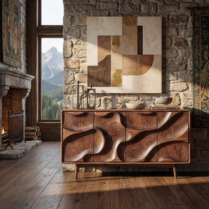 Organic Carved Solid Wood Sideboard Cabinet for Living and Dining Room Storage