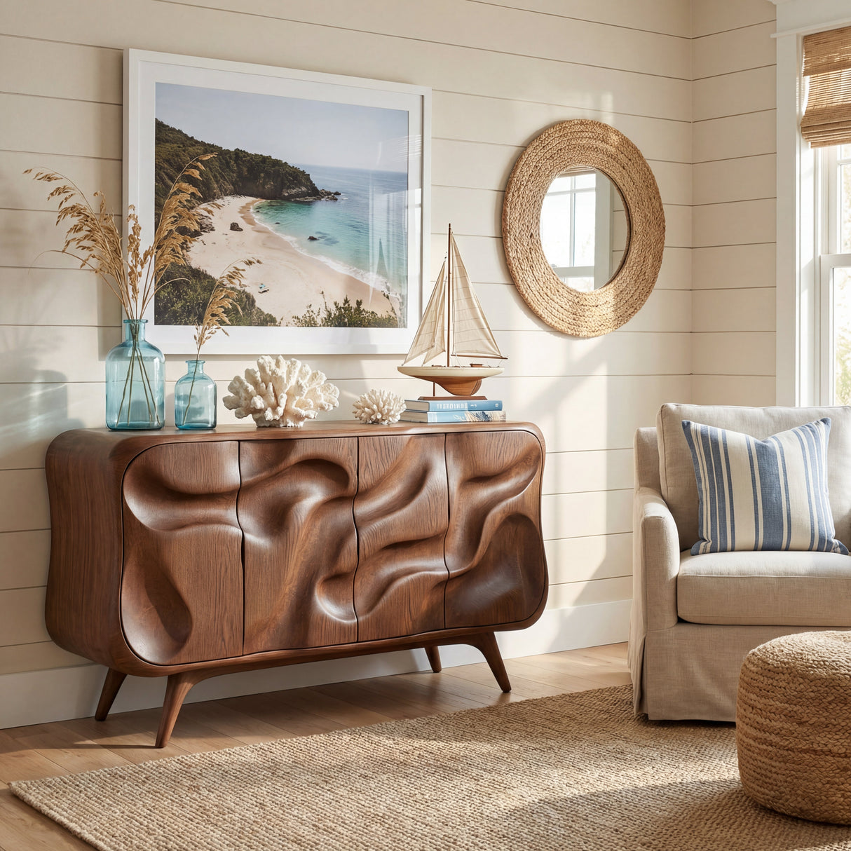 Curved Wavefront Solid Wood Credenza for Modern Living and Dining Room Storage