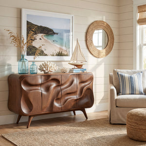 Curved Wavefront Solid Wood Credenza for Modern Living and Dining Room Storage