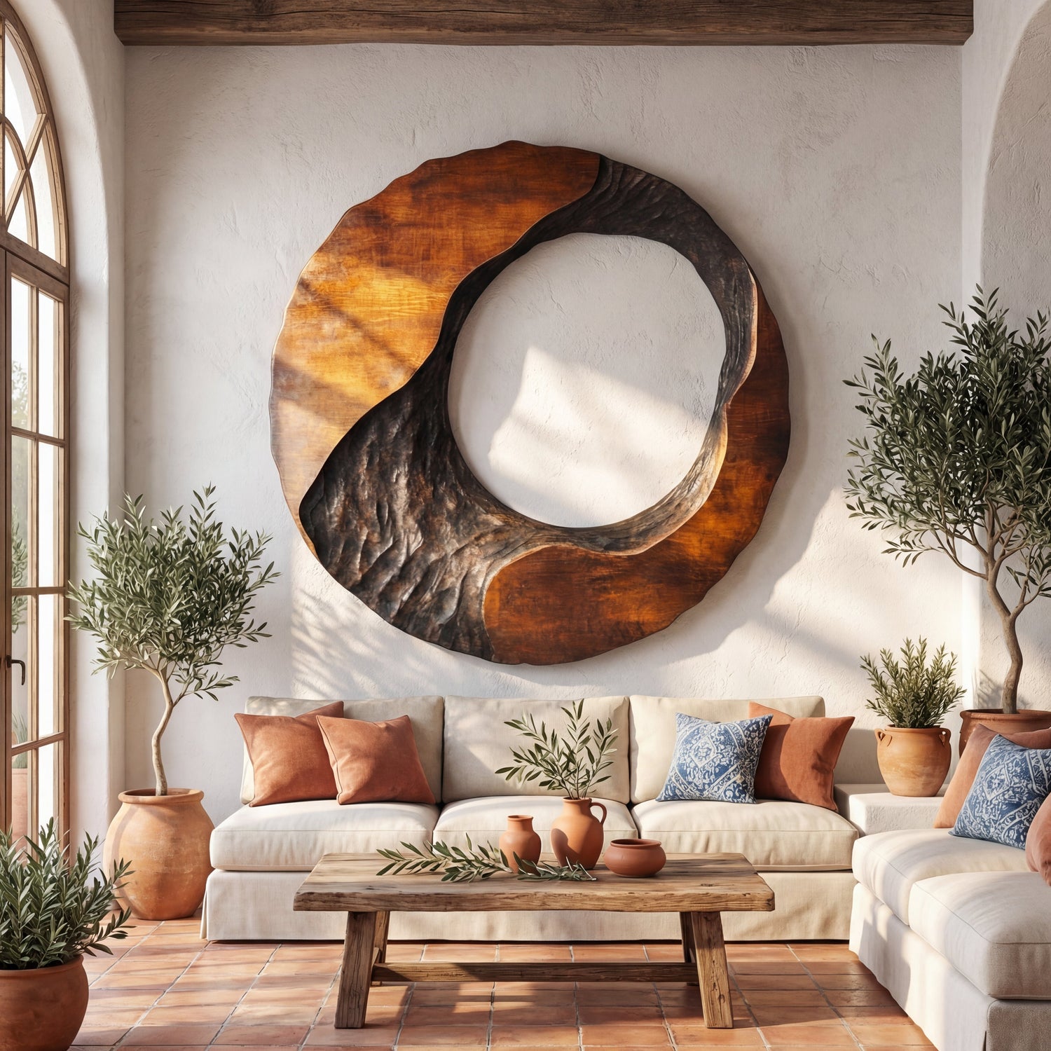 Contemporary Round Solid Wood Wall Art Sculpture for Living Room