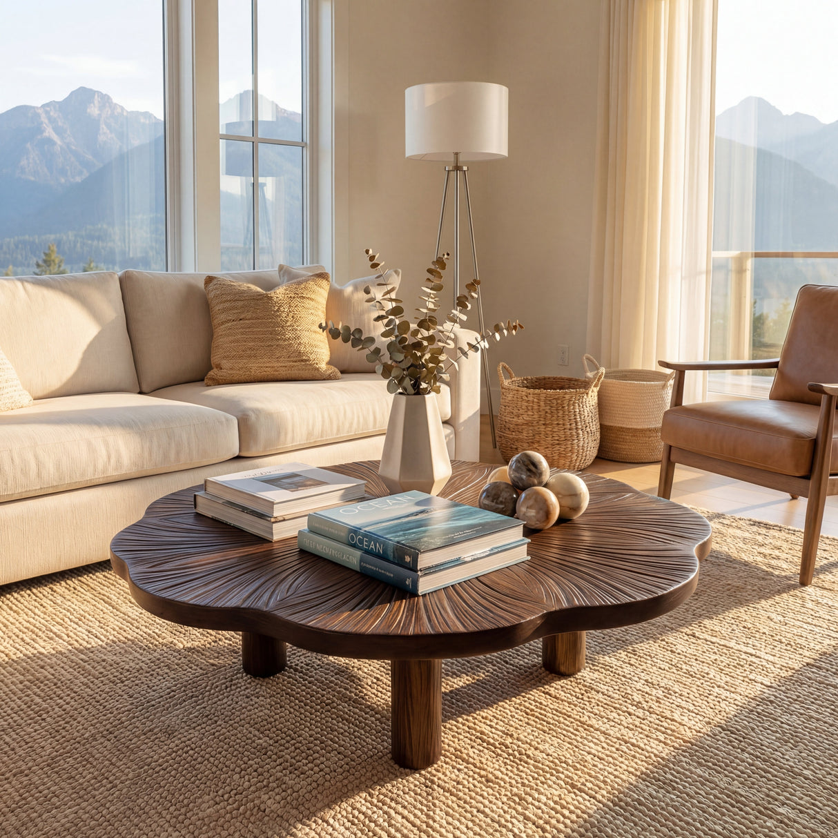 Sculptural Round Coffee Table with Carved Texture Top