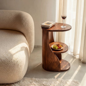 Curved Two Tier Solid Wood Side Table with Open Storage Shelf for Living Room Use