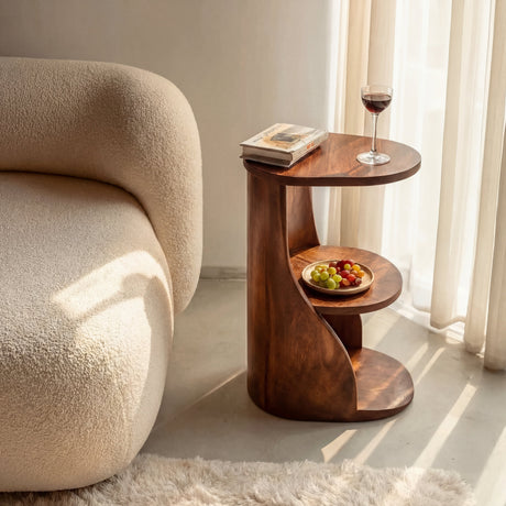 Curved Two Tier Solid Wood Side Table with Open Storage Shelf for Living Room Use