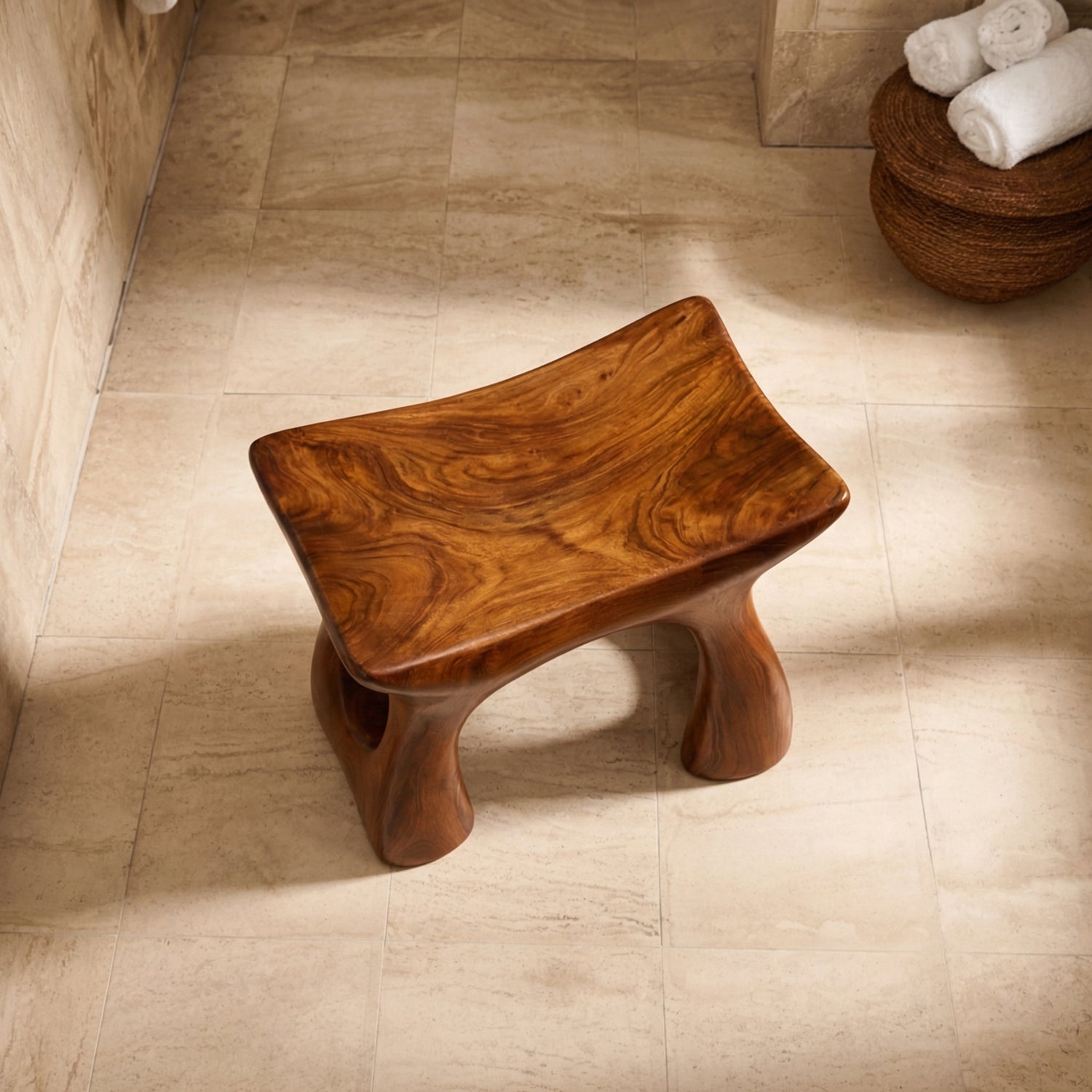 Handcrafted Solid Wood Shower Stool with Sculpted Curved Form for Bathroom Spa