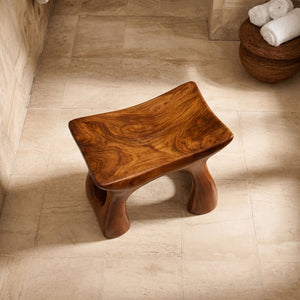 Handcrafted Solid Wood Shower Stool with Sculpted Curved Form for Bathroom Spa