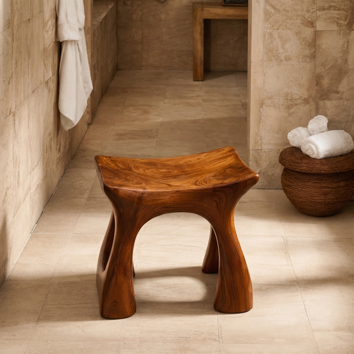 Handcrafted Solid Wood Shower Stool with Sculpted Curved Form for Bathroom Spa