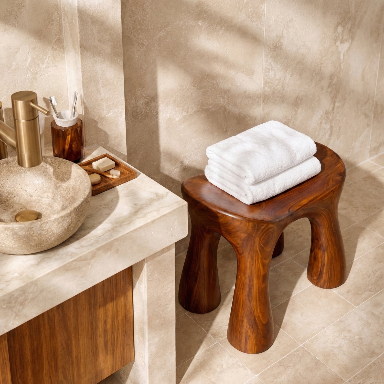 Solid Wood Shower Bench with Sculpted Organic Design for Bathroom Spa or Shower Space