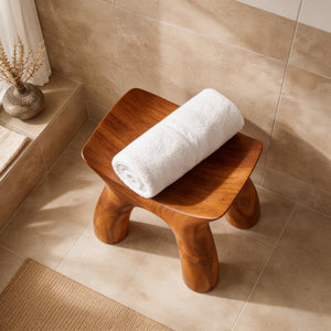 Organic Solid Wood Shower Stool with Curved Seat Design for Bathroom Spa or Bath Corner