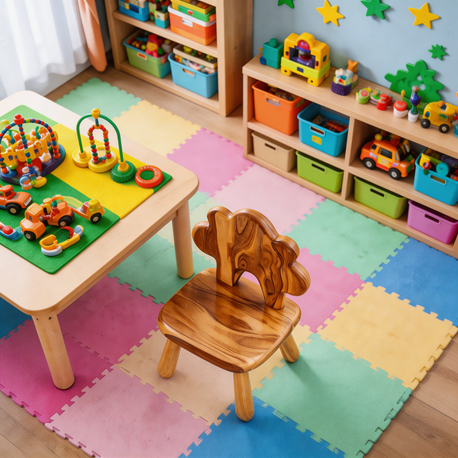 Solid Wood Kids Chair with Tree Shaped Backrest for Playroom or Learning Space