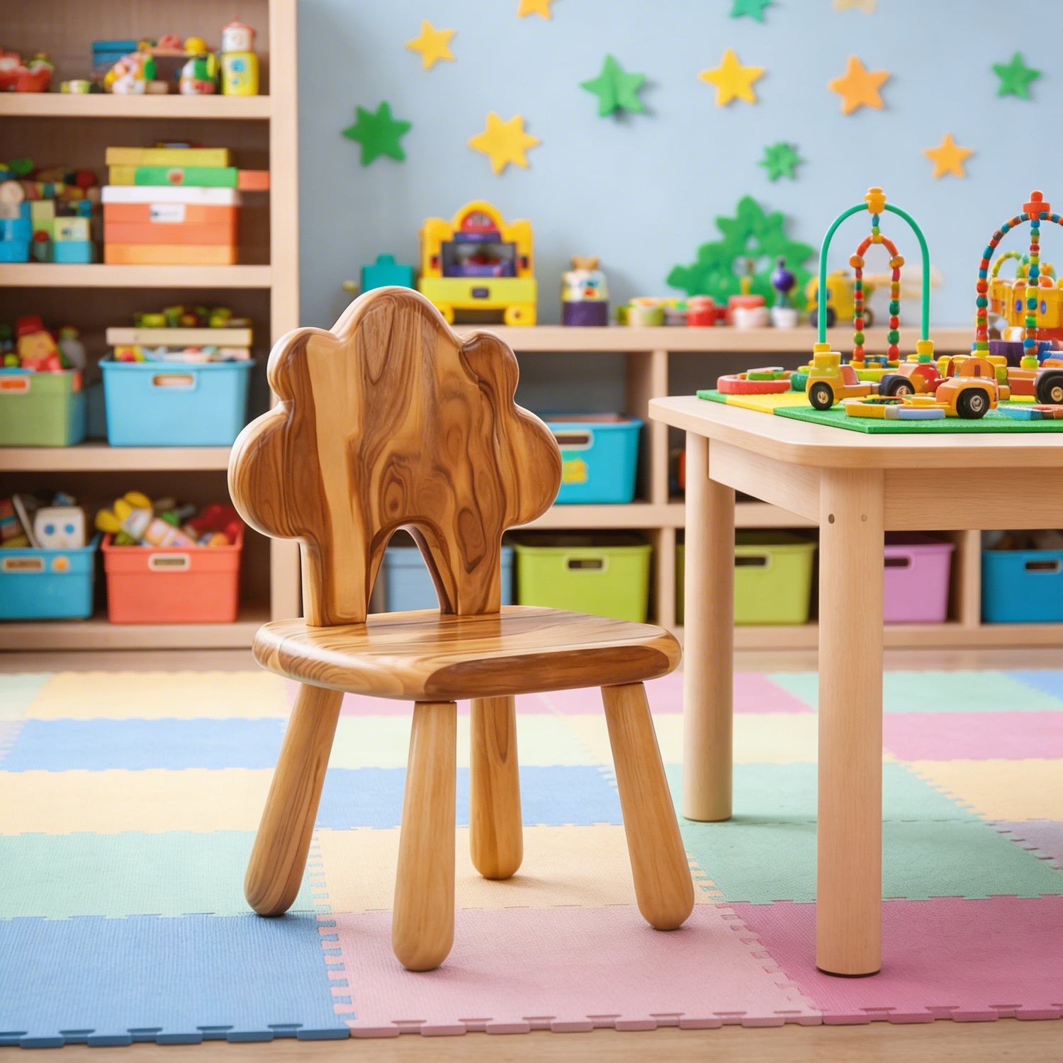 Solid Wood Kids Chair with Tree Shaped Backrest for Playroom or Learning Space