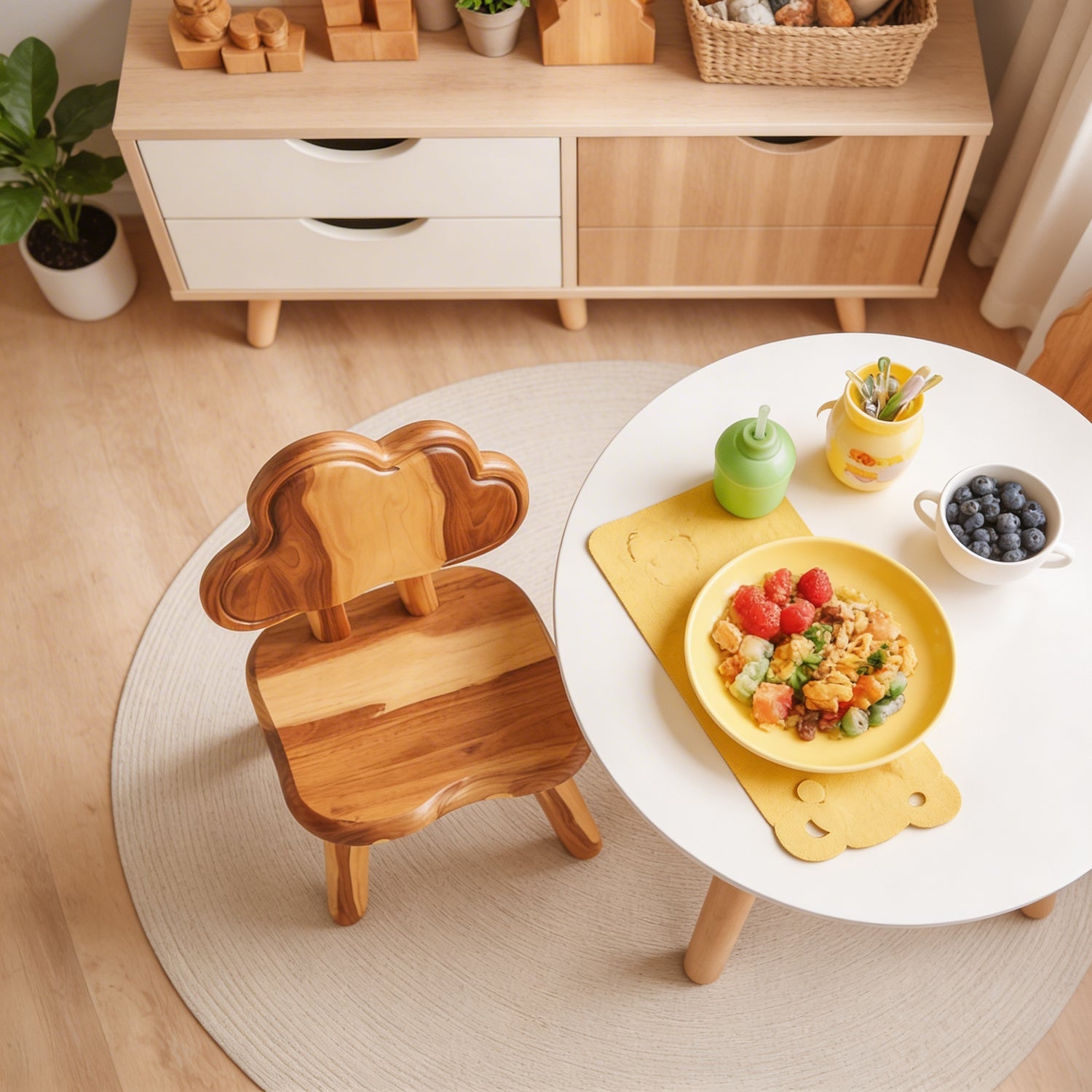 Solid Wood Kids Chair with Tree Shaped Backrest for Playroom, Dining Area or Nursery Space