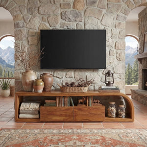 Curved Wood TV Cabinet with Open Shelving, Rustic Modern Media Console for Mediterranean Living Rooms