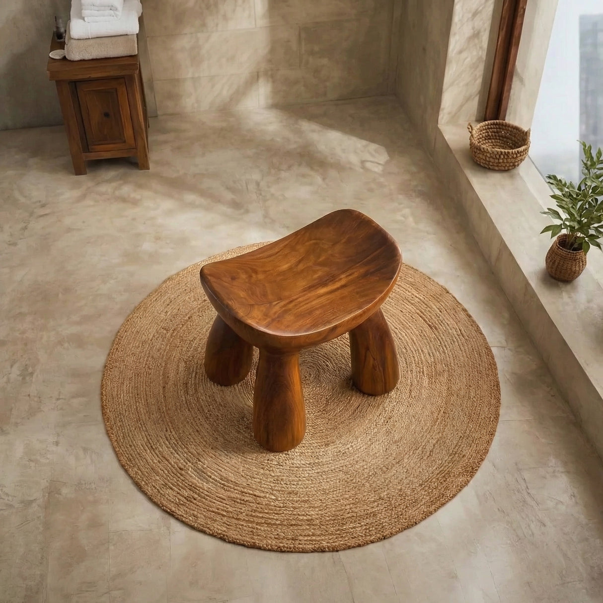 Hand Carved Solid Wood Shower Stool with Curved Sculptural Seat for Bathroom Spa or Bath Area