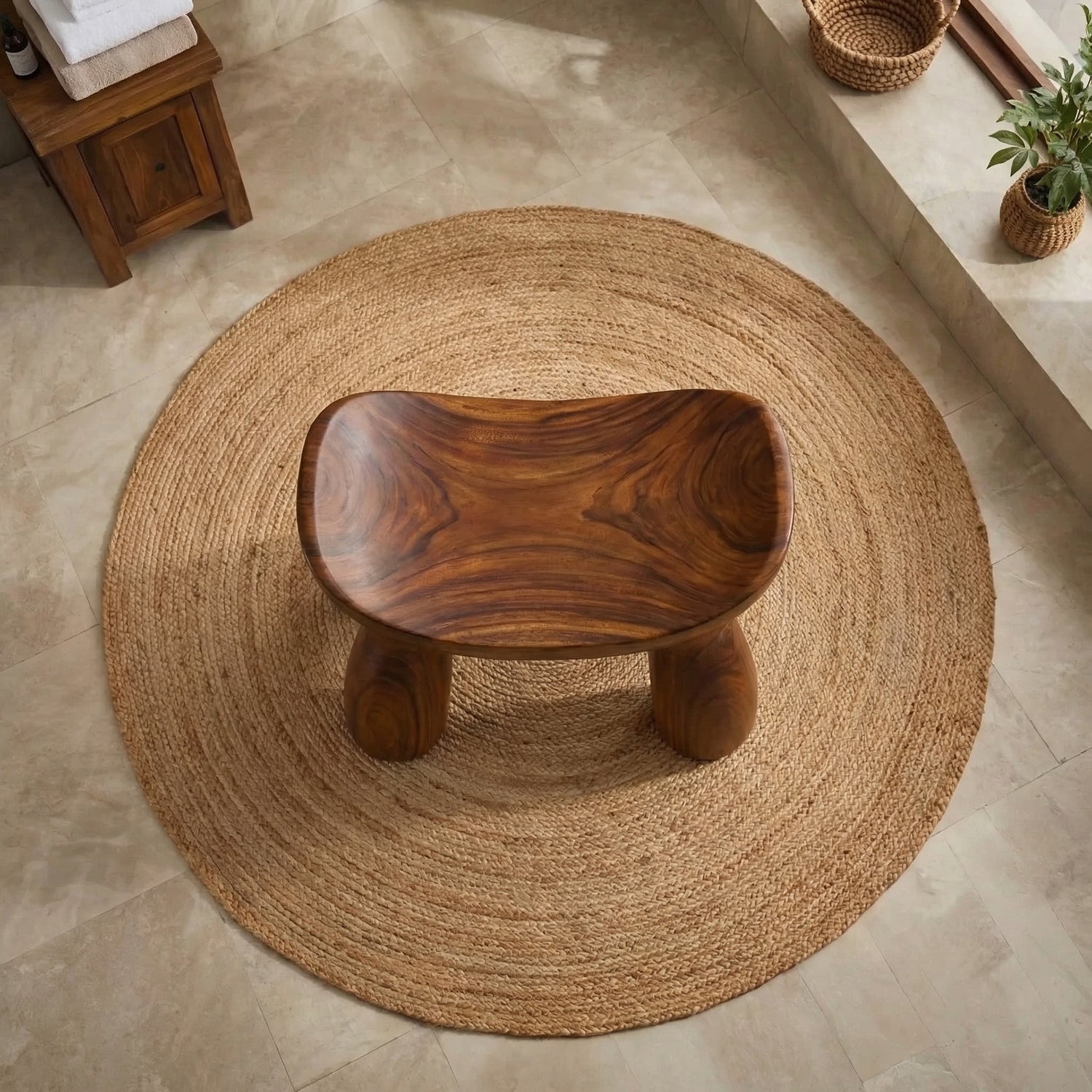 Hand Carved Solid Wood Shower Stool with Curved Sculptural Seat for Bathroom Spa or Bath Area