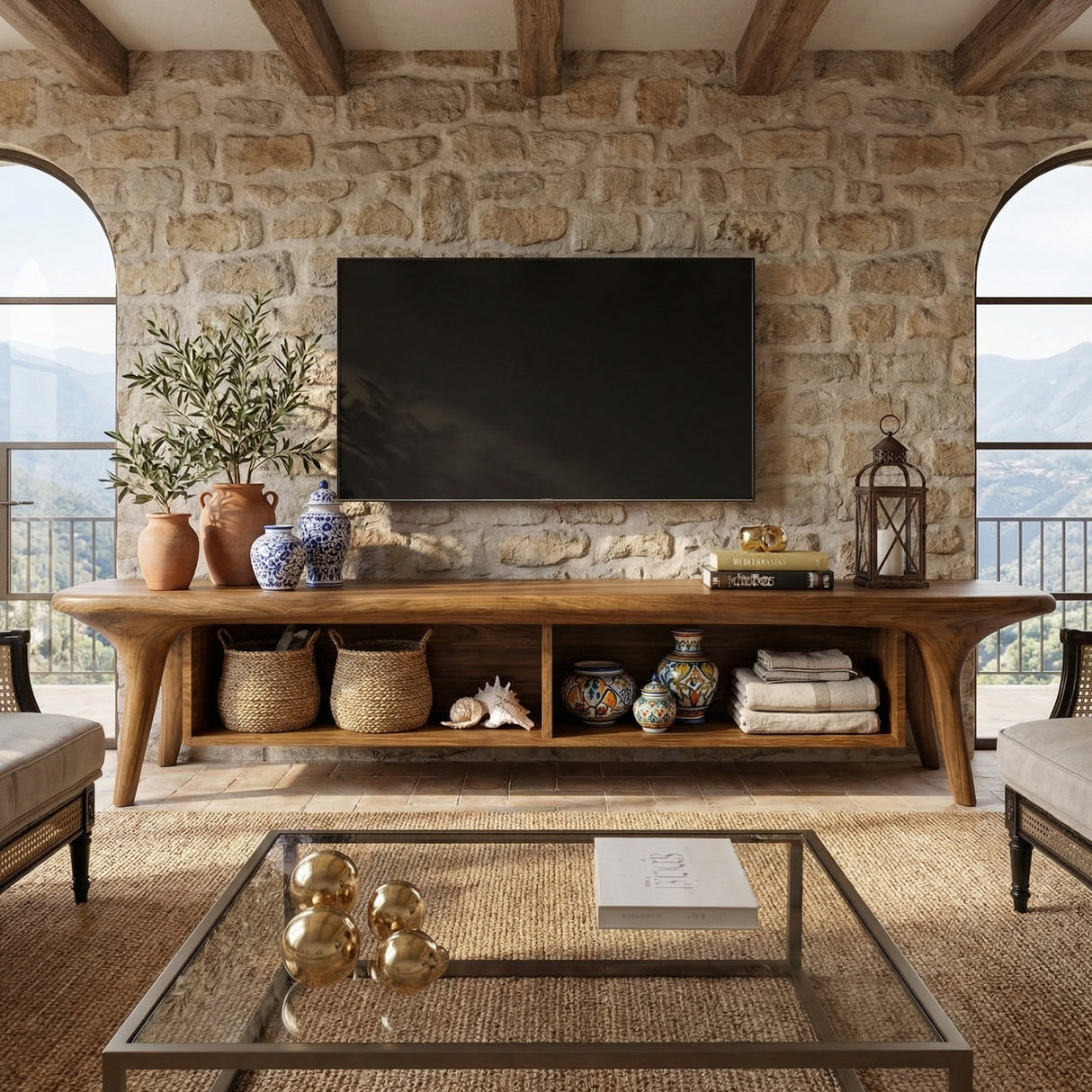 Solid Wood TV Cabinet with Open Shelving, Mediterranean Modern Media Console