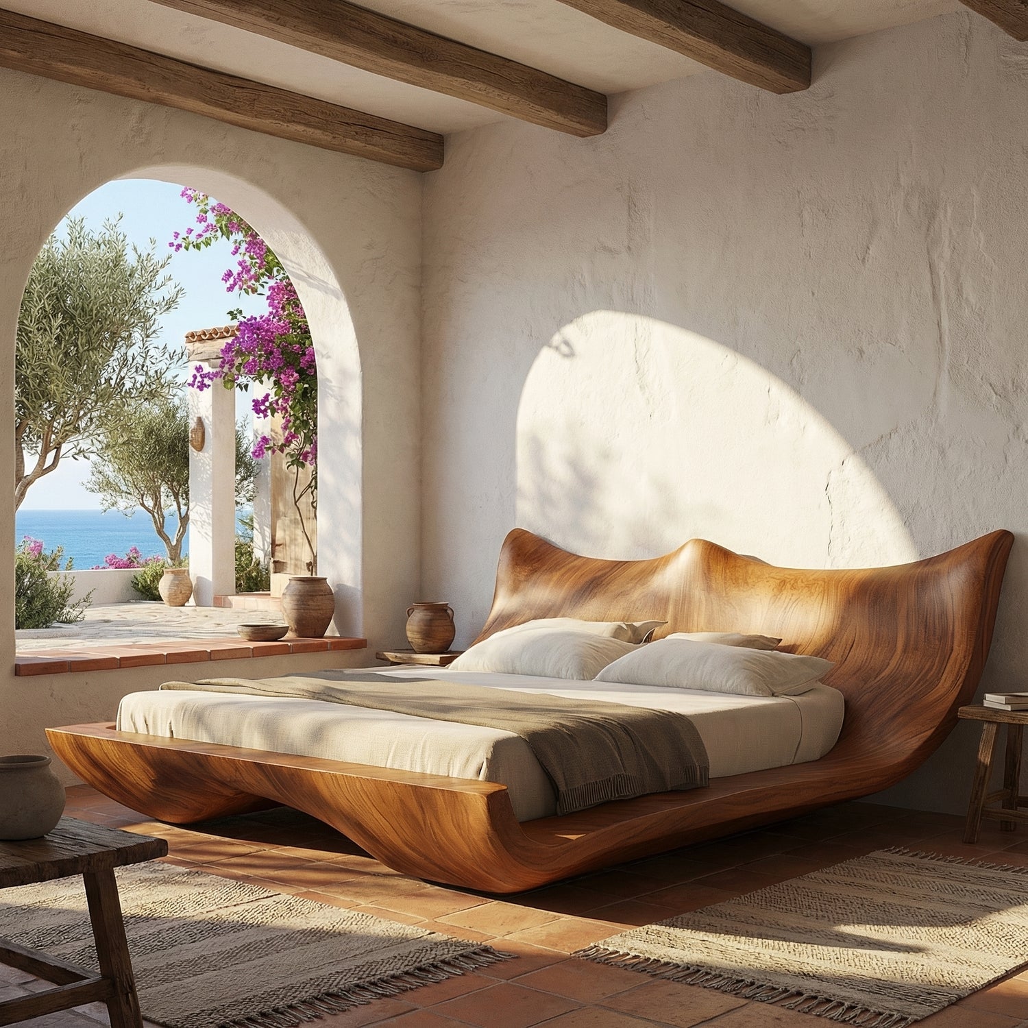 Sculptural Wood Platform Bed with Organic Wave Headboard, Modern Statement Bed Frame for Minimalist Interiors