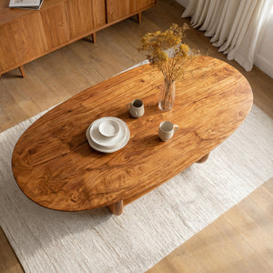 Oval Solid Wood Dining Table with Sculptural Base and Storage Shelf for Dining Room