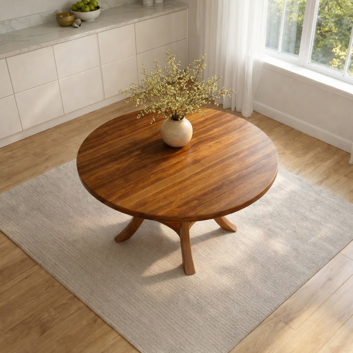 Round Solid Wood Dining Table with Curved Pedestal Base for Dining Room