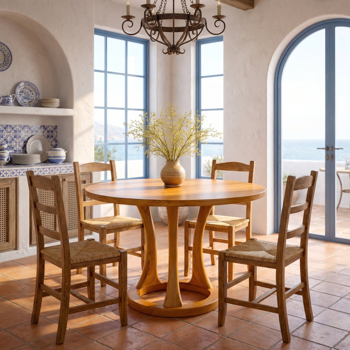 Round Solid Wood Dining Table with Ring Base Design for Dining Room