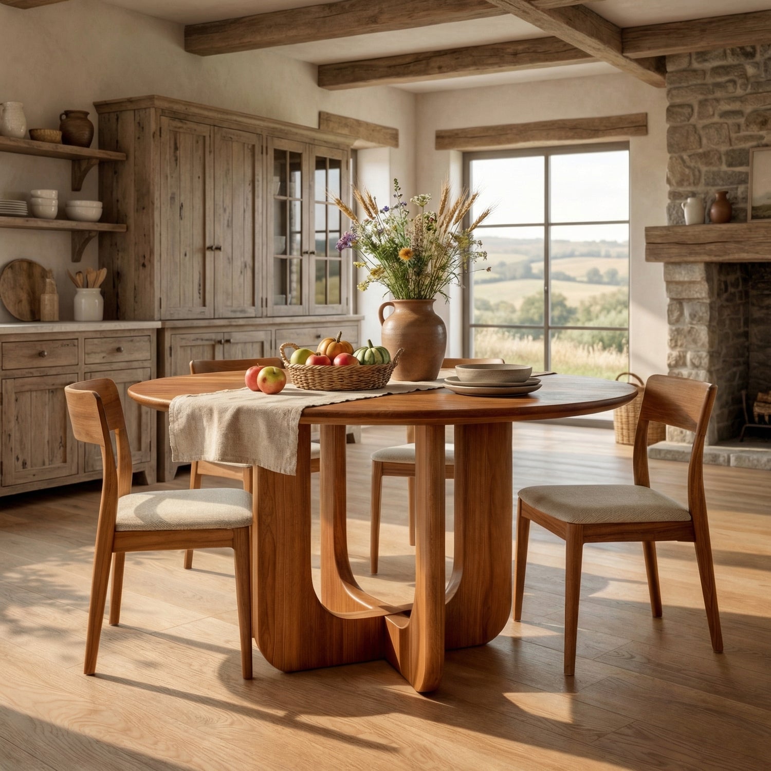 Round Solid Wood Dining Table with Sculpted U Shape Base for Dining Room