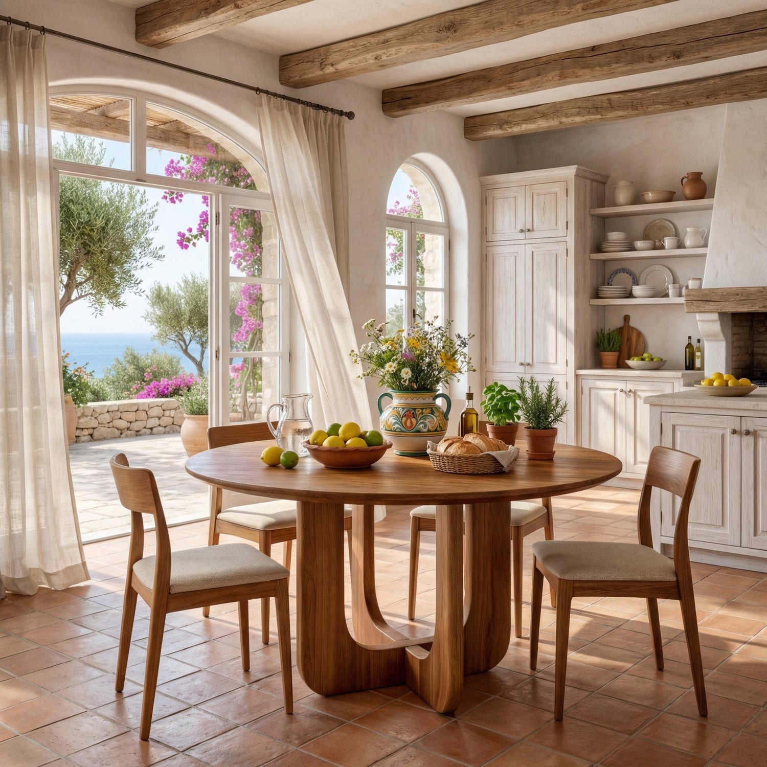 Round Solid Wood Dining Table with Sculpted U Shape Base for Dining Room