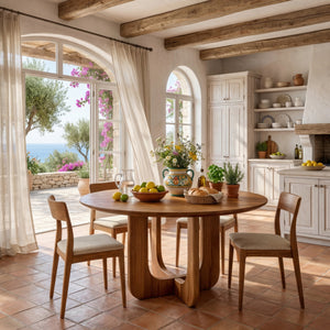 Round Solid Wood Dining Table with Sculpted U Shape Base for Dining Room