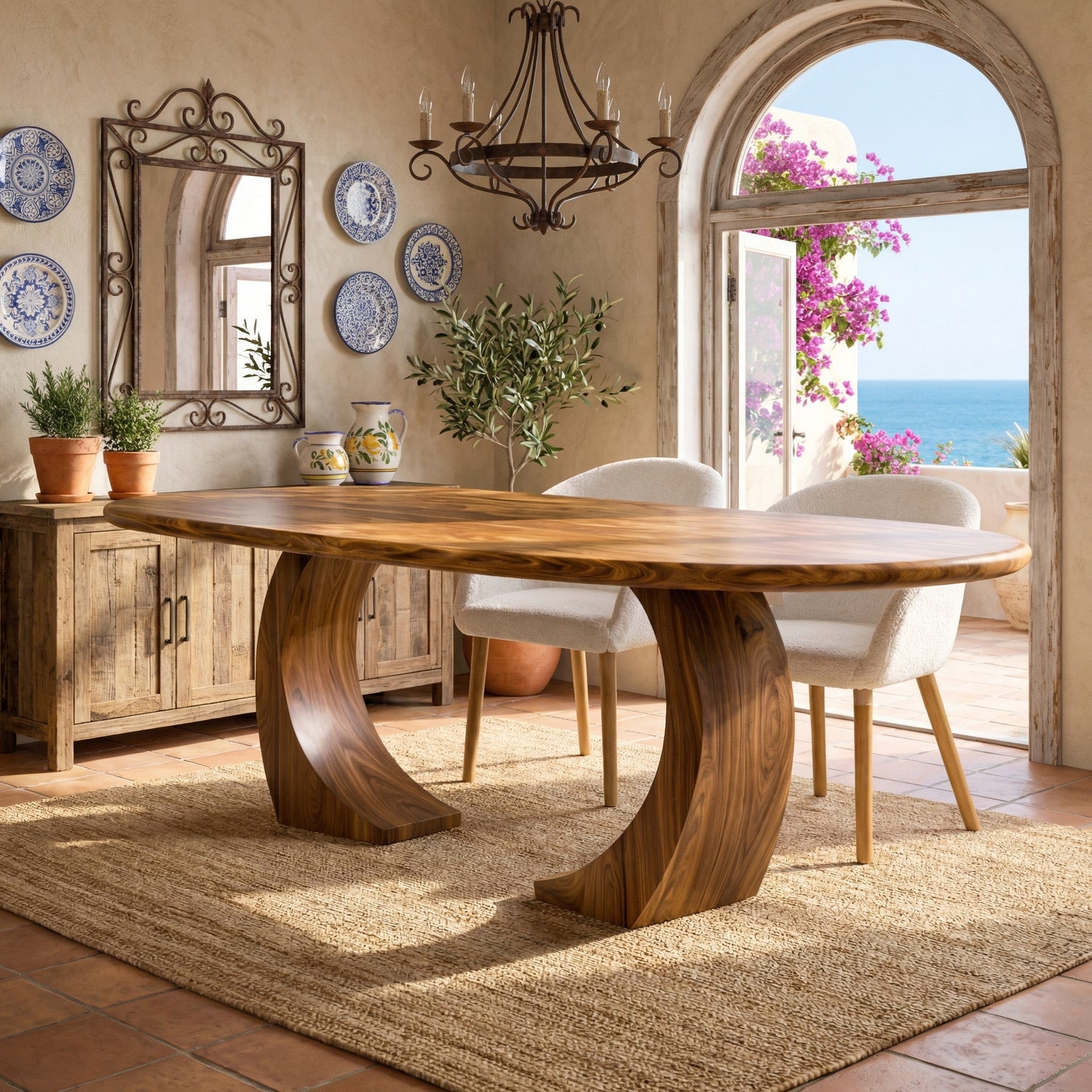 Oval Solid Wood Dining Table with Curved Sculptural Legs for Dining Room