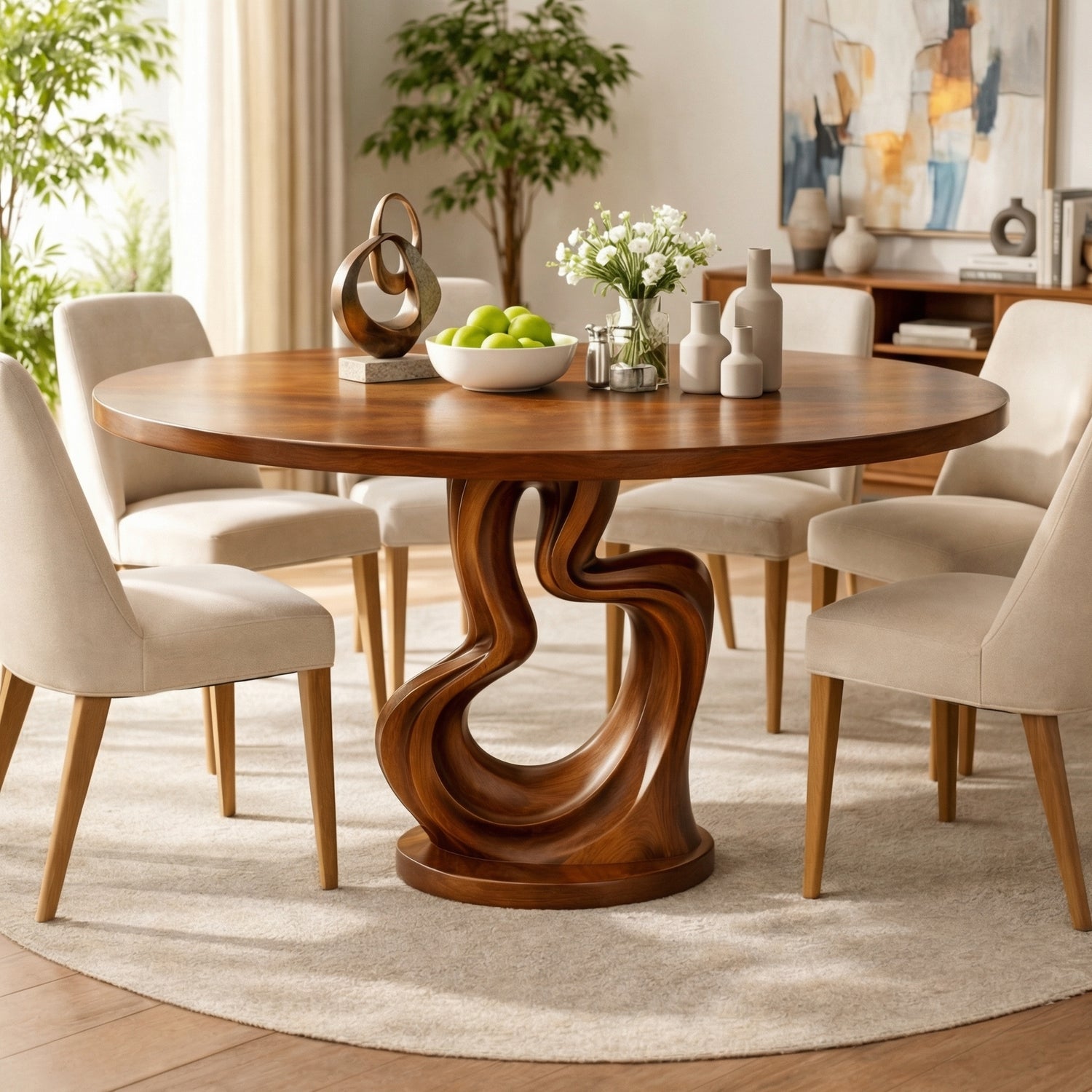 Round Solid Wood Dining Table with Twisted Sculptural Base for Dining Room
