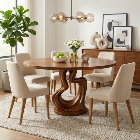 Round Solid Wood Dining Table with Twisted Sculptural Base for Dining Room