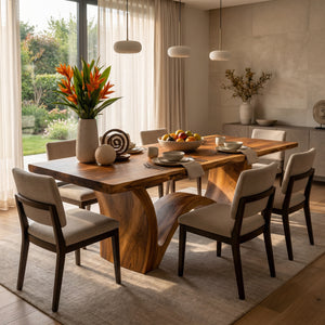 Live Edge Solid Wood Dining Table with Sculptural Curved Base for Dining Room