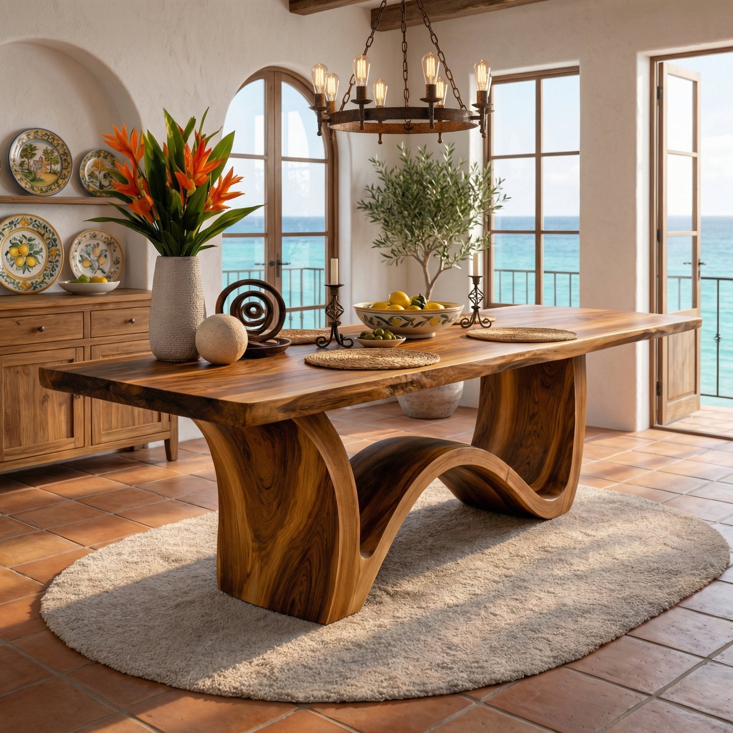 Live Edge Solid Wood Dining Table with Sculptural Curved Base for Dining Room