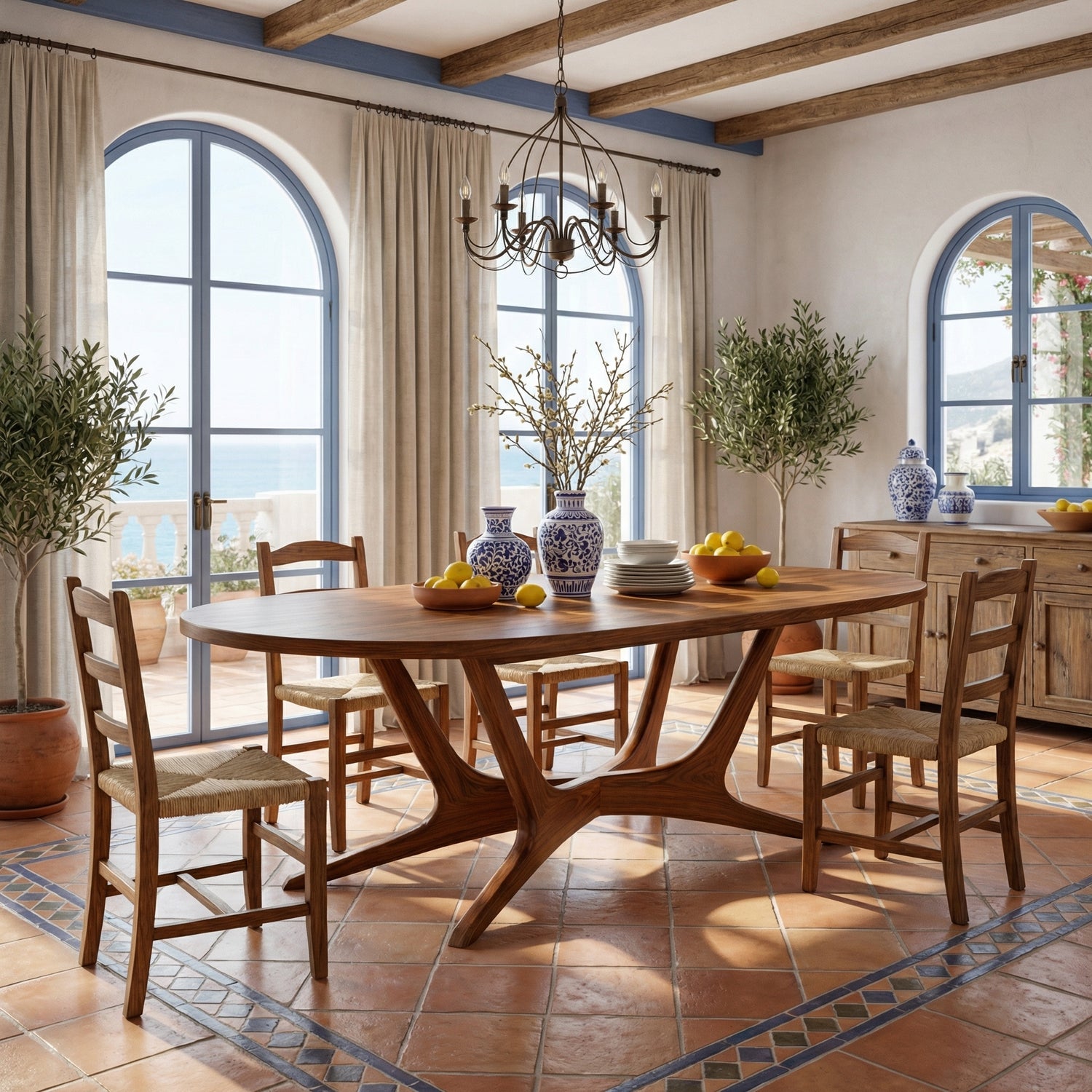 Oval Solid Wood Dining Table with Angled Sculptural Base for Dining Room