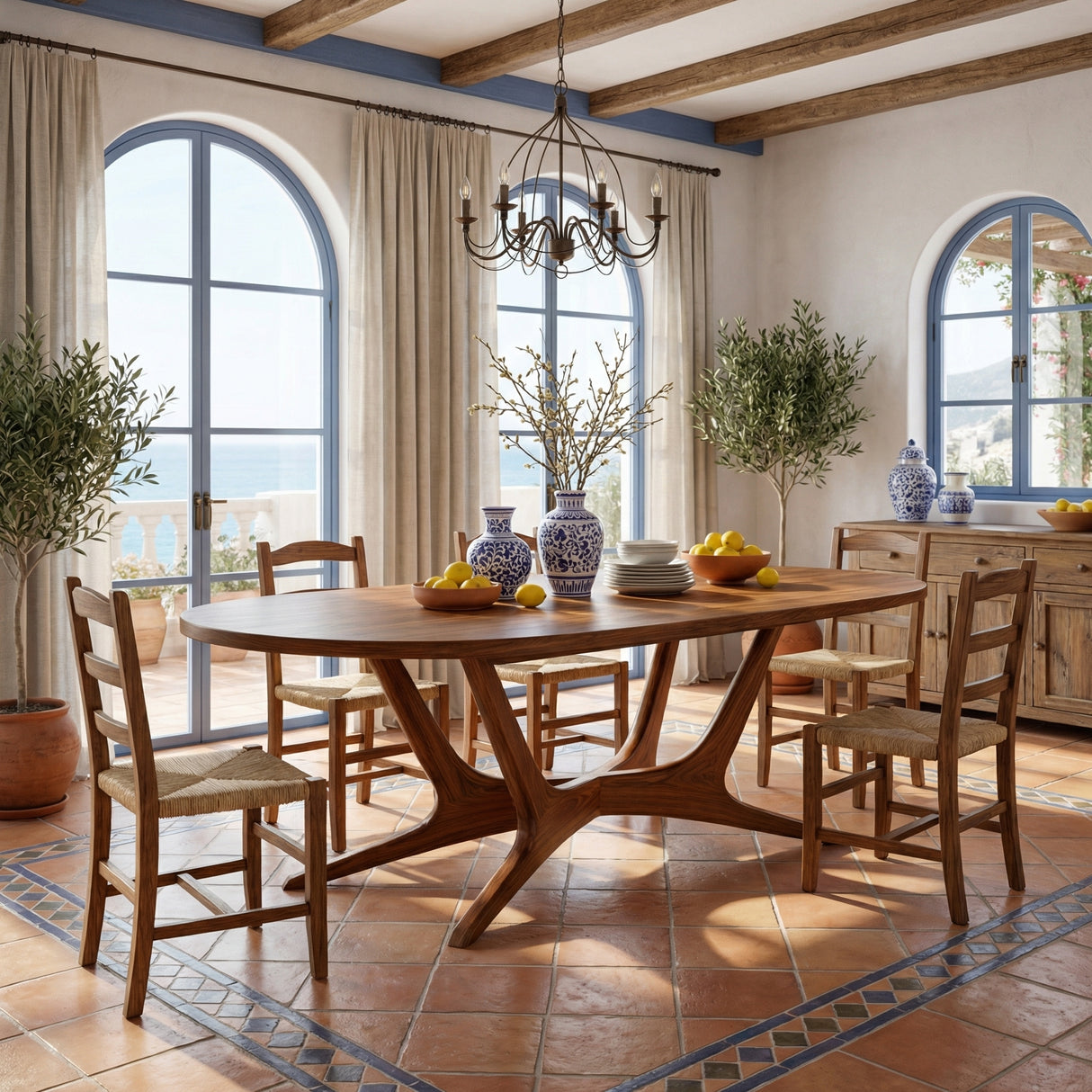 Oval Solid Wood Dining Table with Angled Sculptural Base for Dining Room