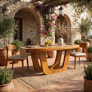 Oval Solid Wood Dining Table with Sculptural U-Base for Dining Room