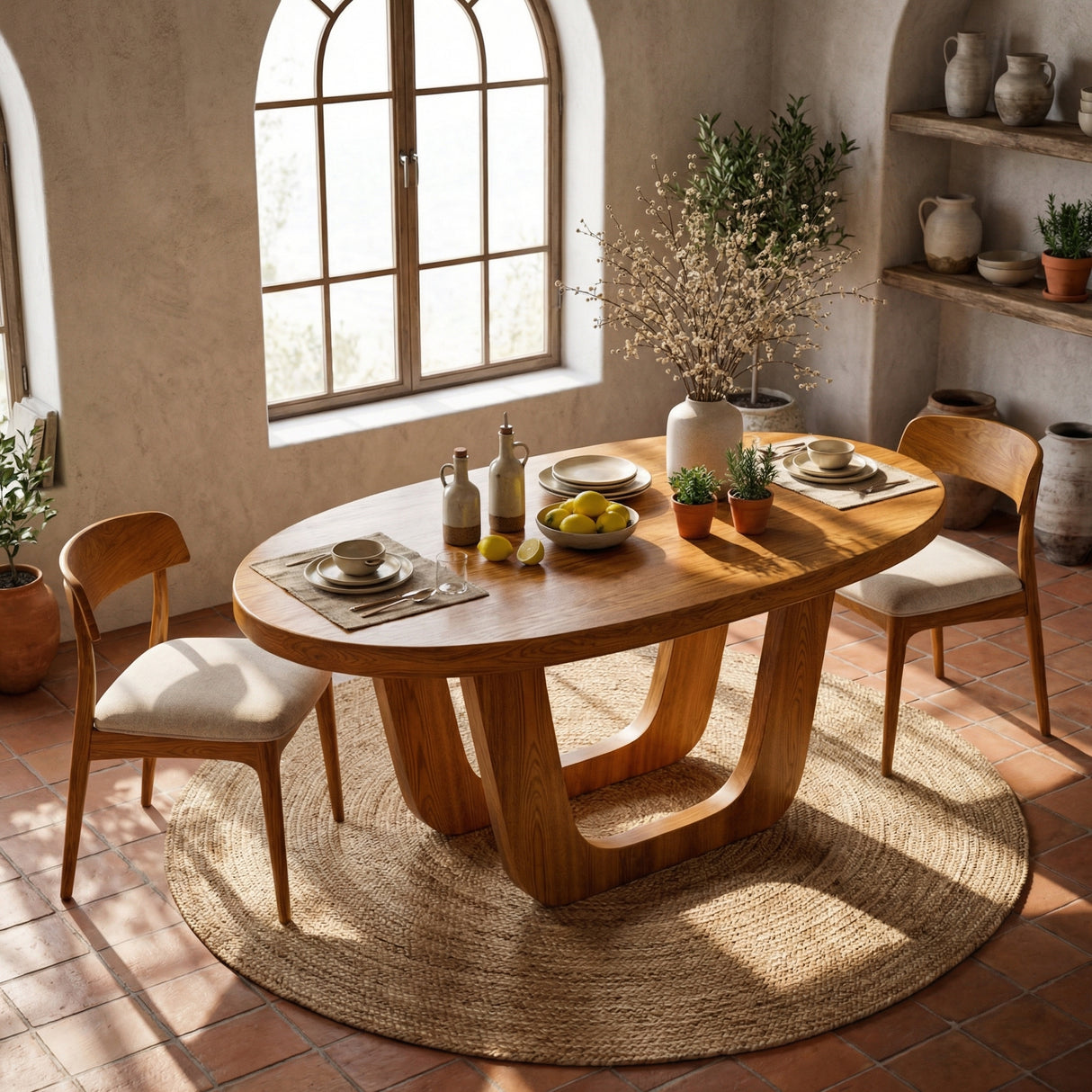 Oval Solid Wood Dining Table with Sculptural U-Base for Dining Room