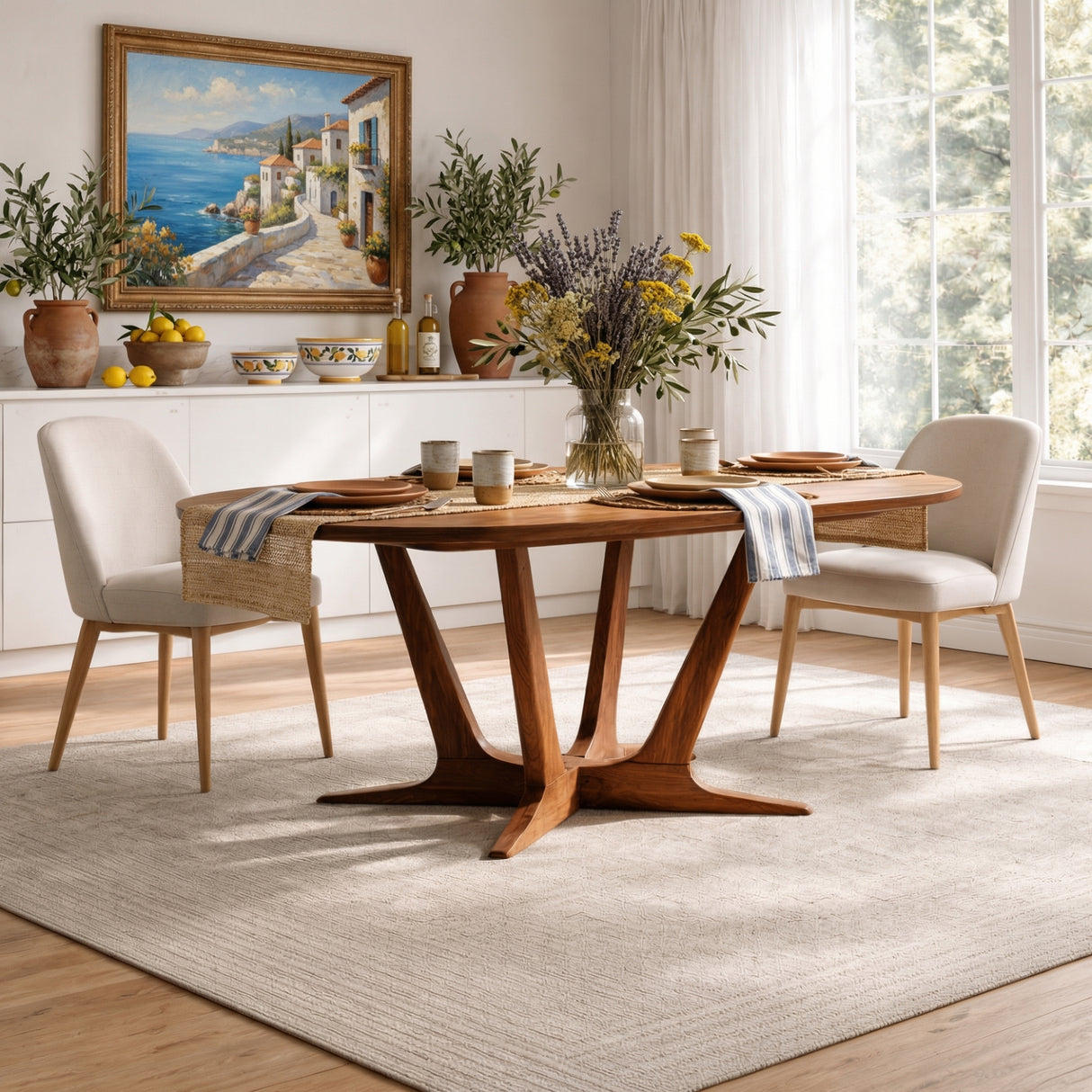 Oval Solid Wood Dining Table with Sculptural Cross Base for Dining Room