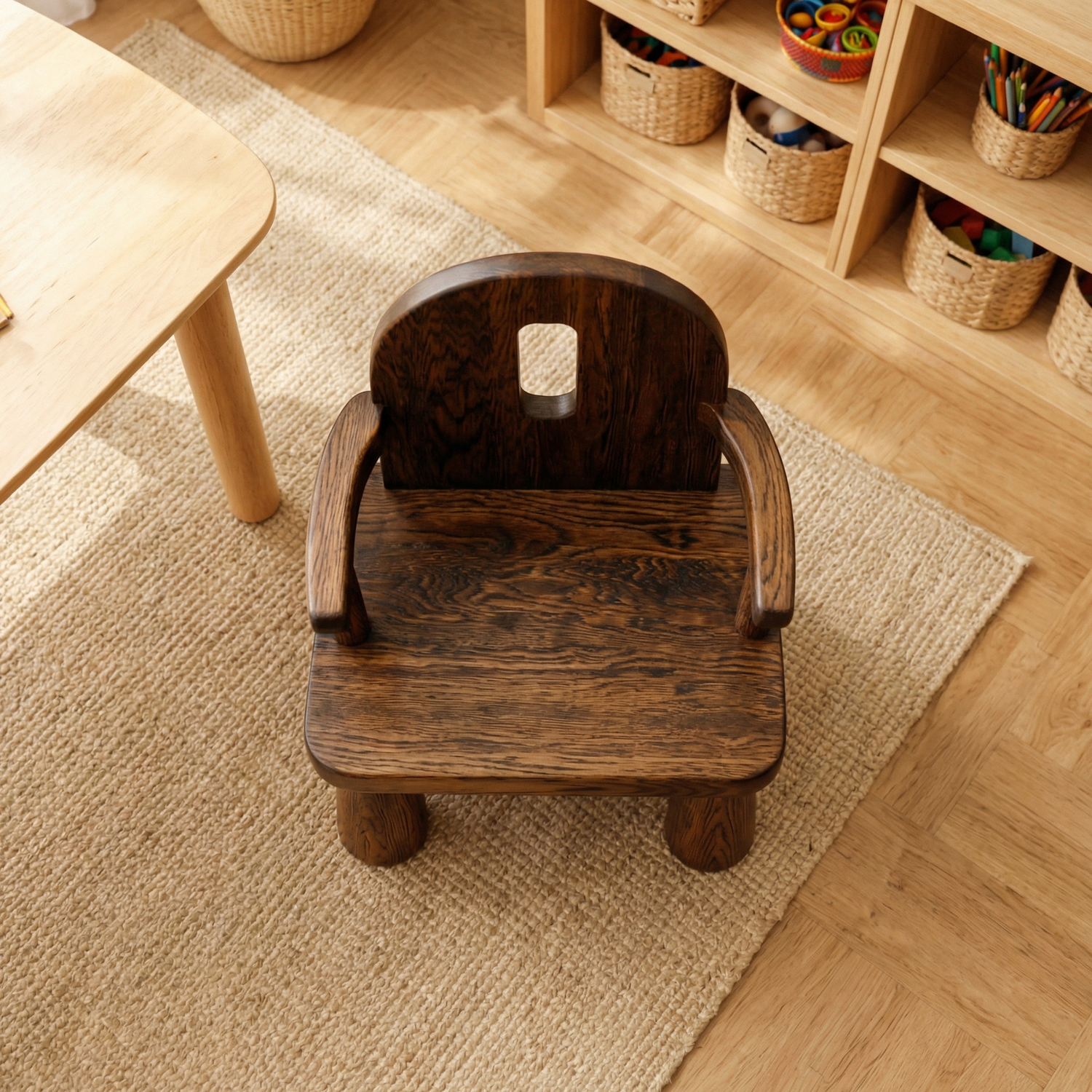 Solid Wood Kids Chair Handcrafted Wooden Armchair for Playrooms or Classrooms