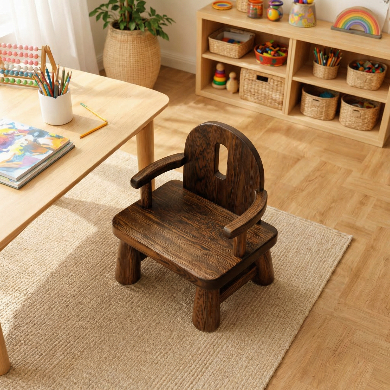 Solid Wood Kids Chair Handcrafted Wooden Armchair for Playrooms or Classrooms