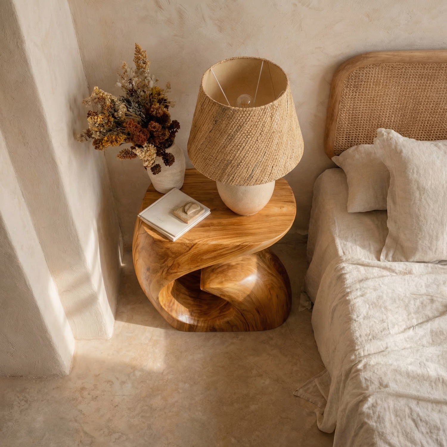 Handcrafted Solid Wood Side Table with Sculptural Curved Base for Bedroom