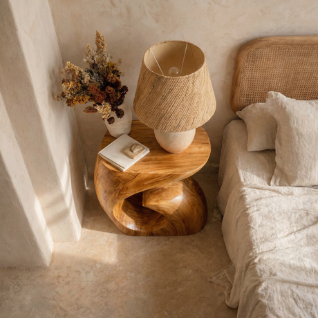 Handcrafted Solid Wood Side Table with Sculptural Curved Base for Bedroom