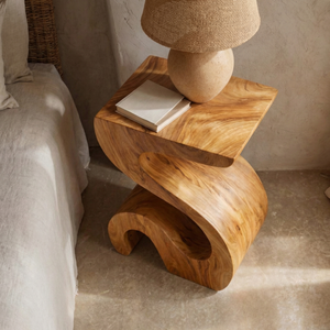 Handcrafted Solid Wood Bedside Table for Lamp with Sculptural Curved Base