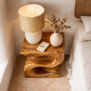Handcrafted Solid Wood Nightstand for Bedside Lamp with Sculptural Wave Form
