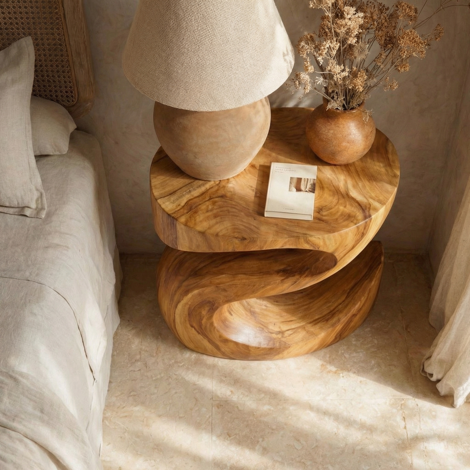 Handcrafted Solid Wood Bedside Table with Sculptural Curved Base for Bedroom