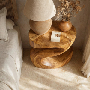 Handcrafted Solid Wood Bedside Table with Sculptural Curved Base for Bedroom