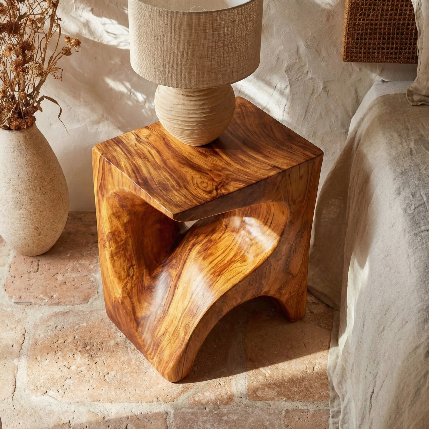 Handcrafted Solid Wood Bedside Table with Sculptural Open Base for Bedroom