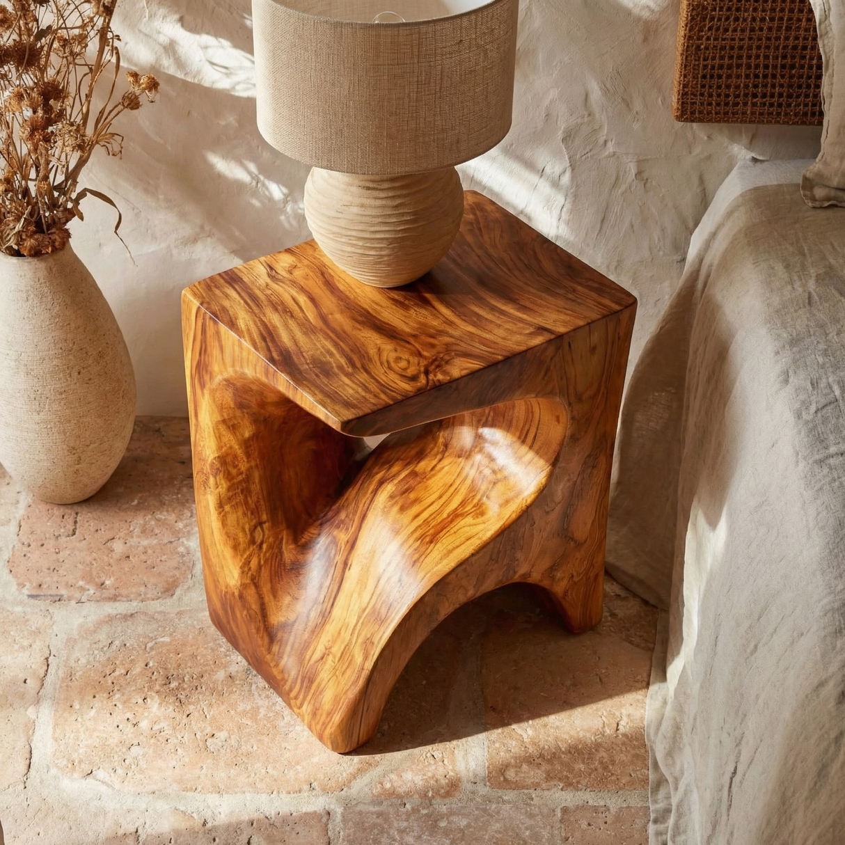 Handcrafted Solid Wood Bedside Table with Sculptural Open Base for Bedroom