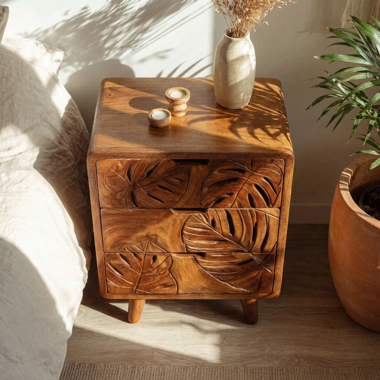 Handcrafted Solid Wood Bedside Cabinet with Tropical Leaf Carved Drawer Fronts