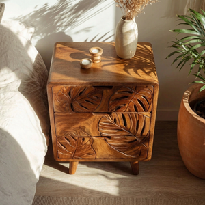 Handcrafted Solid Wood Bedside Cabinet with Tropical Leaf Carved Drawer Fronts