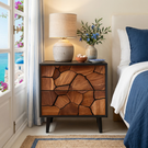 Handcrafted Solid Wood Nightstand with Geometric Carved Drawer Fronts and Black Frame
